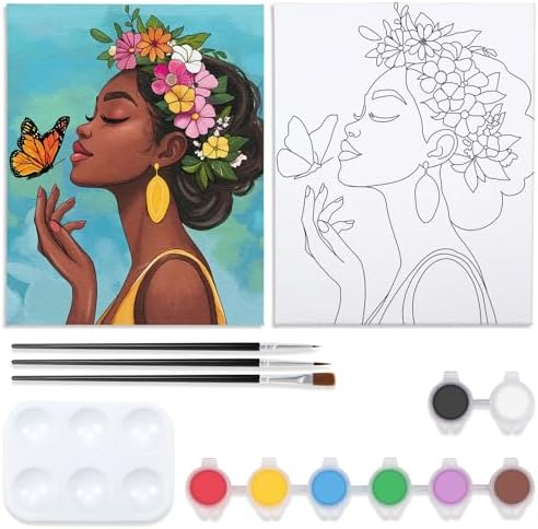 VOCHIC Pre Drawn Canvas for Painting for Adults Paint and Sip Kit Painting Party Supplies 8 Acrylic Colors,3 Brushes,1 Palette Art Set Flower Girl 8x10 in by VOCHIC