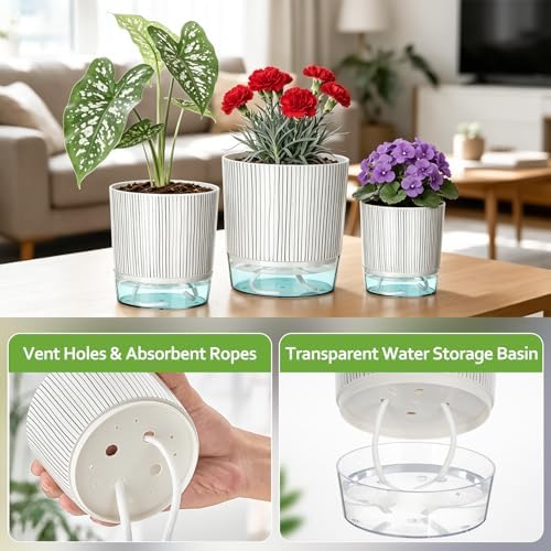 Self Watering Planters Set of 3, 4/5.5/6.3 Inch Plastic Indoor Flower Pot - Image 3