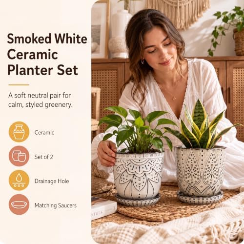 Gepege Ceramic Plant Pots, 6 Inch Indoor Planters with Drainage & Saucers - Image 2