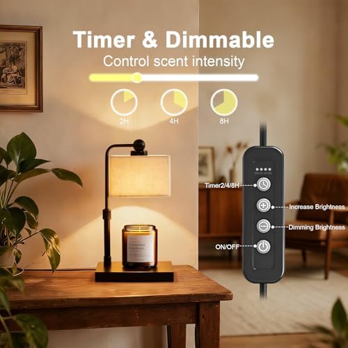 Candle Warmer Lamp with Timer, Dimmable, Adjustable Height, Modern Farmhouse Linen Shade, Black Candle Warming Lamp for Up to 6-Inch Jar Candles, 2 Bulbs Included - Image 2