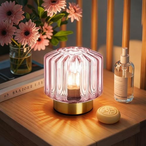 Small Touch Table Lamp for Bedside, Pink Glass Table Lamps with Gold Metal Base, Mid Century Modern Lamps Mini Table Lamp nightstand lamp Globe Desk lamp for Bedroom Living Room Office - Image 6