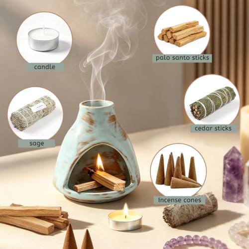 JOYWING Palo Santo Holder Handmade Ceramic Incense Burner for Sage Bundles and Incense Cones Meditation Accessories for Mindfulness Yoga Home Decor Spiritual Gifts(Sky Glaze) - Image 5
