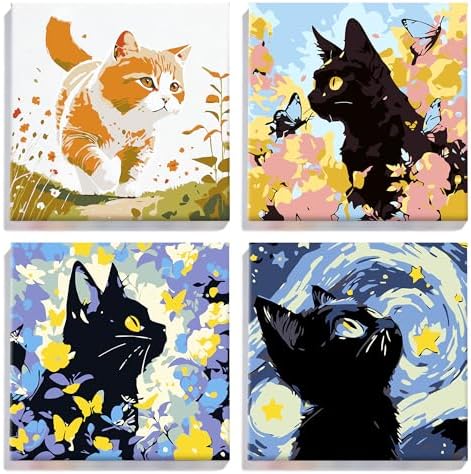 YONEYO 4 Pack Framed Cat Paint by Numbers for Adults, Cute Animal & Kitten DIY Acrylic Canvas Painting Kit with Mini Easels, Relaxing Art Craft Gift for Pet Lovers & Home Decor, 8x8 Inch by Unknown
