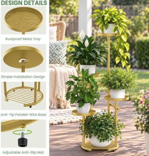 TOSKING Tall 5-Tier Round Metal Corner Plant Stand Indoor, Anti-Tip, Gold - Image 4