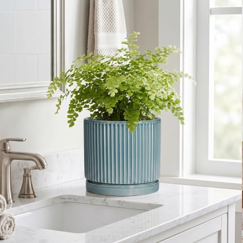 8 Inch Planter, Ceramic Pots for Plants with Saucer, Glaze Blue - Image 7