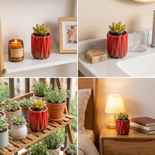 Succulent Plant Pots Ceramic Plant Pots and Drainage Hole Bonsai Planter Small Flower Pots for Indoor Outdoor Use for Home Office Garden Decoration,Plants Not Included (Red B) - Image 6
