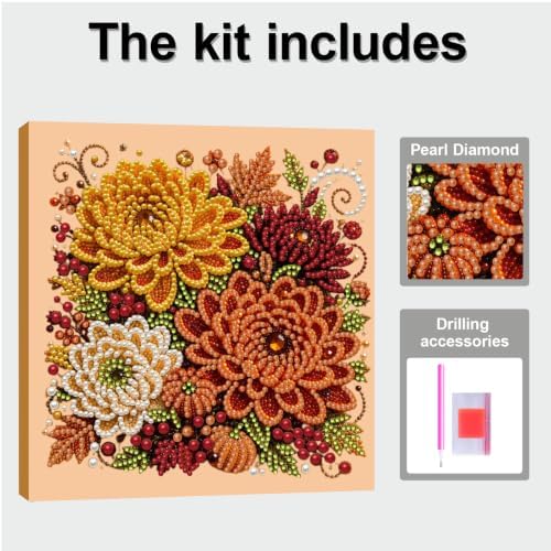 DIY Pearl Painting Kit for Adults, Autumn Dahlias Fall Art with Wood Frame, 20x20cm Self-Adhesive Pearl Diamond Craft, Autumn Wall Decor Gift for Women, Beginners Relaxing Hobby Kit - Image 5