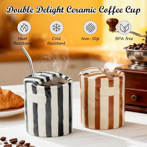 Novelty Ceramic Coffee Mug with Sip Hole, Retro Striped Hand-Painted Design - Image 4