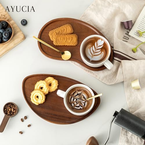 Pretty Ceramic Coffee Cup with Solid Wood Plate Set for Tea/Coffee Break, 8OZ White Cappuccino Cup with 9.4inch Acacia Serving Saucer and Spoon for Latte Dessert Breakfast - Image 7