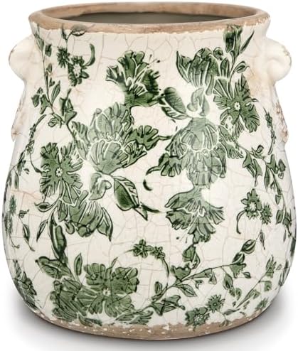 Ceramic Scroll Planter 6.5 Inch, Green Floral by Unknown