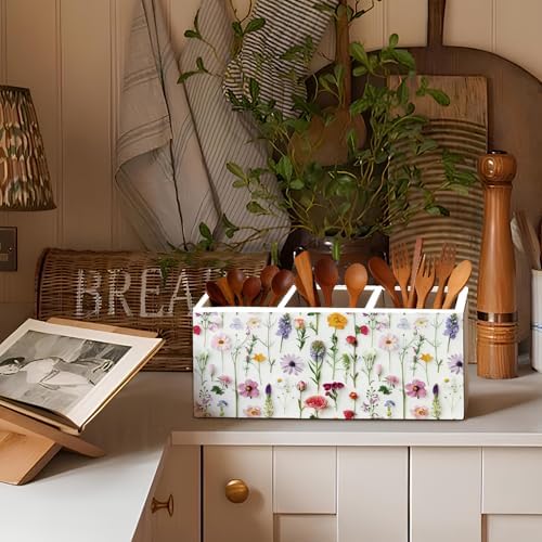 Floral Pen Pencil Holder for Desk Accessories, Cottagecore Colorful Wildflower Botanical Wooden Box Sign Decorations for Girls Room Bedroom Dorm Home Office Desk Tabletop - Image 6