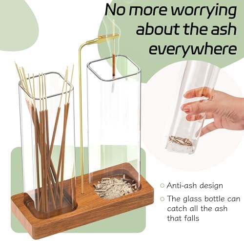 Incense Holder for Sticks, 2 in 1 Incense Burner with Glass Jars, Upside Down Incense Holder with Ash Catcher & Storage for Meditation Yoga Spa Home Decor with 20 Incense Sticks & Brush - Image 4