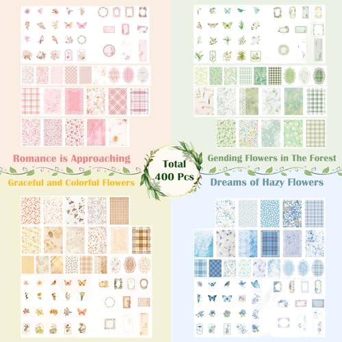 400 Pcs Floral Scrapbook Paper & Stickers, 4 Packs Scrapbook Supplies Kit, Junk Journal Scrapbooking Paper for Journaling, Scrapbooking Embellishments, Planner, Card Making - Image 3