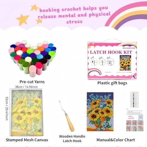 MeoobkCraft Cat Language of Love for Latch Hook Kits for Adults Beginners Sunflower Pre-Printed Latch Hook Rug Kits Embroidery Cross-Stitch for Home Home Decoration 20.47 x 14.96in - Image 4