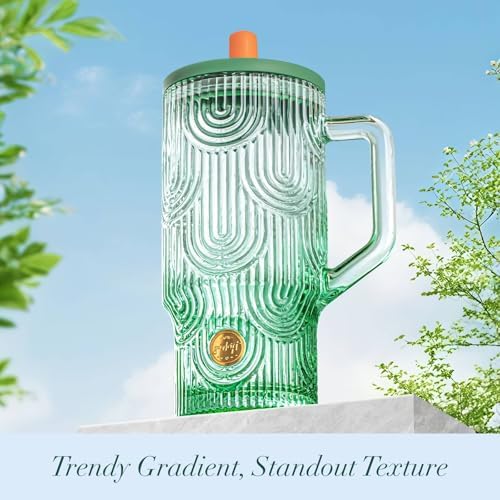 20 oz Green Glass Tumbler with Handle, Lid, Straw and Cover, Dishwasher Safe Cup for Iced Coffee, Water, Tea, Juice, Milk - Image 3