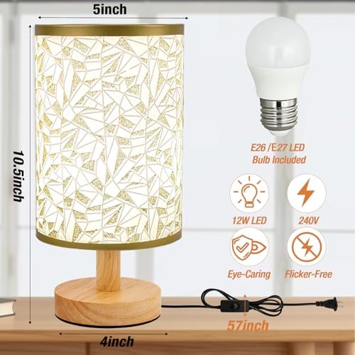Desk Lamp LED Bulb Included, Small Bedside Table Lamp Plug-in - Classic Wood Base with Flaxen Fabric Shade, Lamps for Night Stands, Simple Nightstand Light for Bedroom, Office, Desk - Image 3