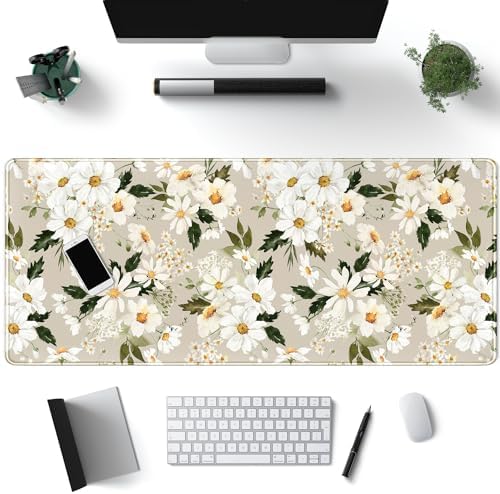 Daisy Floral Daisies Large Mouse Pad Watercolor Flowers Desk Mat, Washable Mousepad LYC Cloth Stitched Edges Women Girls Gaming Mousepad Computer Pc Laptop Desk Mat 31.5 X 11.8 in by Mechanical+Cattle
