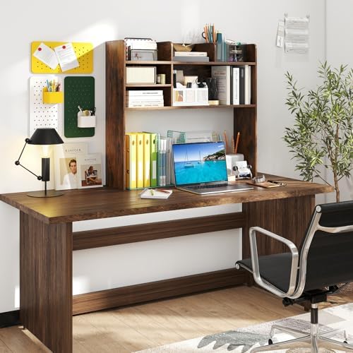 GIANTEX Desktop Bookshelf, 37" Desk Hutch Dorm for Computer Up to 32 Inch, Countertop Hutch w/6 Storage Shelves, 3-Tier Desktop Organizer Display Rack, Wood Desk Shelf for Home Office (Rustic Brown) - Image 2
