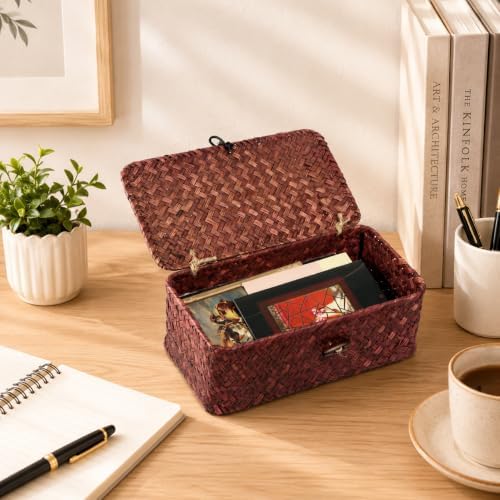 Seagrass Wicker Storage Basket with Lid, Small, Red - Image 3