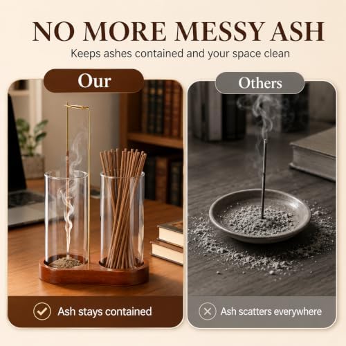 Incense Holder with 2 Tall Glass Bottle,Wooden Base Incense Stick Holder for Desktop,Incense Burner for Ash Collection,Ash Container for Meditation, Yoga, Spa, Home Decor - Image 5
