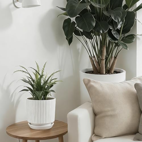 Ceramic-5.1-inch-Flower-Pots-with-Saucer, Small Planters for Indoor Plants with Drainage Hole, White Textured Vertical Stripe Plant Pots for Home Decor, Garden Pot For Succulent Cactus Mint Basil Herb - Image 6