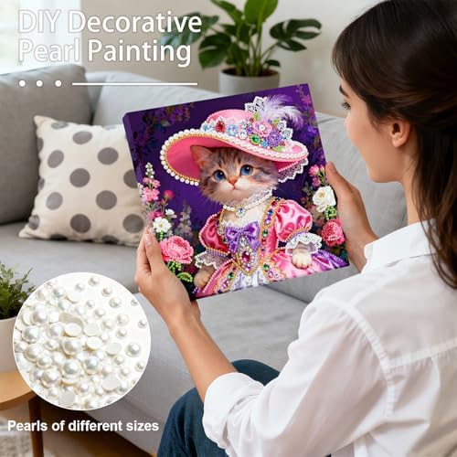 LQCrafK DIY Pearl Art Painting Handcraft Kit for Adults Beginners, Healing Stress-Relieving Home Wall Creative Design Decoration, Framed Painting with Tools-Cat - Image 2