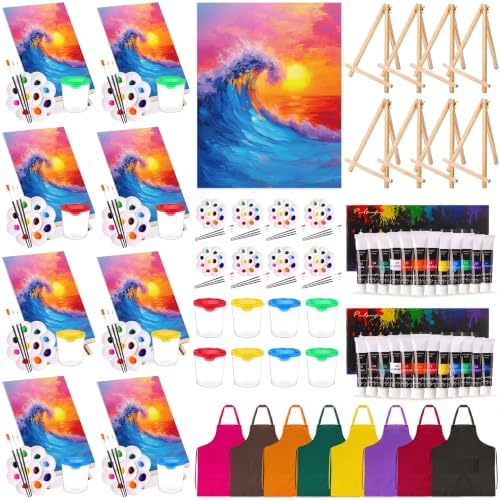 Cholemy 8 Set Paint and Sip Kit for Adults 8'' x 10'' Pre Drawn Canvas with Wooden Easels Acrylic Paint Brushes Wash Cup Palette Apron for Painting DIY Date Night Party Supplies(Sea Wave) by Cholemy