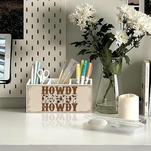 Western Pen Pencil Holder for Desk, Cowboy Gifts, Cowgirl Gifts for Women, Western Office Decor, Retro Country Howdy Southwestern Wooden Box Sign Decorations for Home Office Desk Tabletop - Image 2