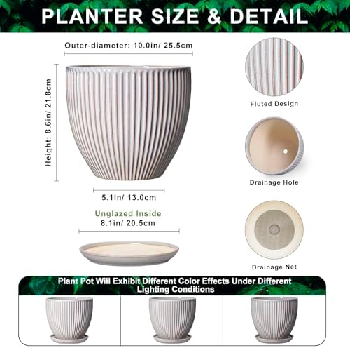 10 Inch Pots for Plants Indoor, Ceramic Planters with Drainage Hole and Saucer, Round Large Plant Pots for House Plants, Decorative Flower Planter, Porch Decor, Plant Lover Gifts, Grey - Image 2