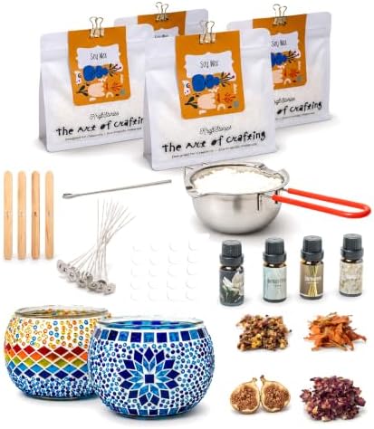 Candle Making Kit for Adults – DIY Candle Making Set with Natural Soy Wax, Wicks, Essential Oils, Dried Flowers & 2 Turkish Mosaic Glass Jars – Makes 2 Candles – Arts & Crafts Gift for Women by Kraftstories