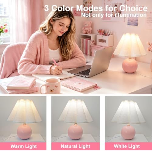 Small Ceramic Table Lamp, 11.5'' Cute Scalloped Lamp (Pink) - Image 3