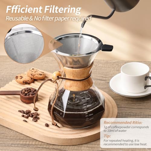 Pour Over Coffee Maker 27 OZ, 8 Cup Borosilicate Glass Drip Coffee Maker with Reusable Stainless Steel Filter and Cork Grip for Home Café 800 ML (Diamond Shape) - Image 5
