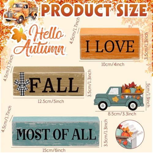 Moucuny 4 Pcs Fall Truck Table Decor, I Love Fall Wood Block Sign Home Tray - Image 3