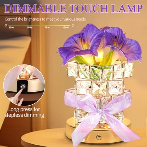 Flower Table Lamp, 3-Color Dimmable Artificial Flowers Night Light, Rechargeable Cordless Small Desk Lamp, Morning Glory with Crystal Vase for Date Party Home Decoration (MF Morning Glory-Purple) - Image 3