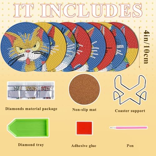 DOTSOPS 8 PCS Cat Diamond Art Coasters Kits for with Holder Beginners 4 in - Image 2