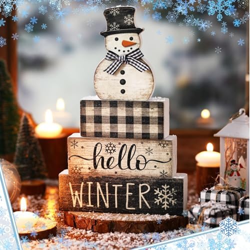 Moucuny 4 Pcs Winter Snowman Tiered Tray Decor Wooden Block Signs - Image 3