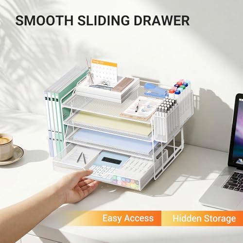 OPNICE Desk Organizers and Accessories, 4-Tier Desktop File Organizer with Drawer and Pen Holders, Office Desk Accessories Workspace Organizers for Office Supplies (Soft White) - Image 5
