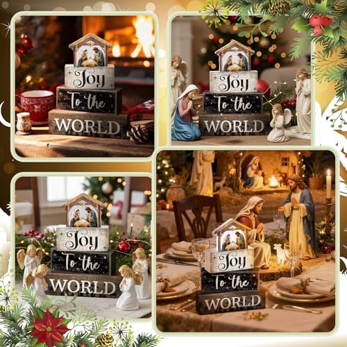 Moucuny 4 Pcs Christmas Table Decoratons, Christian Joy to The World Signs - Image 4