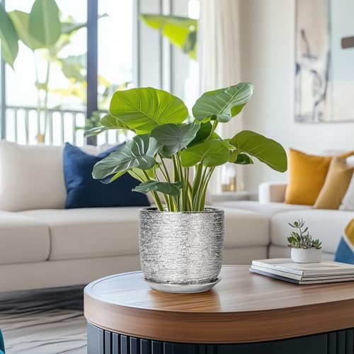 Ceramic Flower Pot - 7 Inch Ceramic Plant Pot for Indoor Flowers, Modern Outdoor Round Planter with Drainage Hole and Saucer, Gifts for Plant Lovers, Home Garden Decor, Silver - Image 2