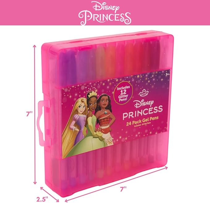 Disney Princess Gel Pens Set for Kids, 24 Pack with Glitter Gel Pens, Cute Pens for Girls – Cinderella, Rapunzel, Ariel, and Tiana