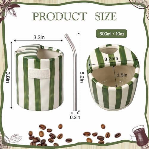 Ceramic Coffee Mugs 10 oz Retro Striped Coffee Mug No Handle with Straw - Image 3