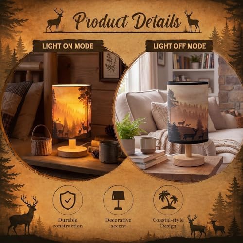 VIHOSE Rustic Deer Table Lamp Brown Forest Lampshade Nightlight Wood Base - Image 3