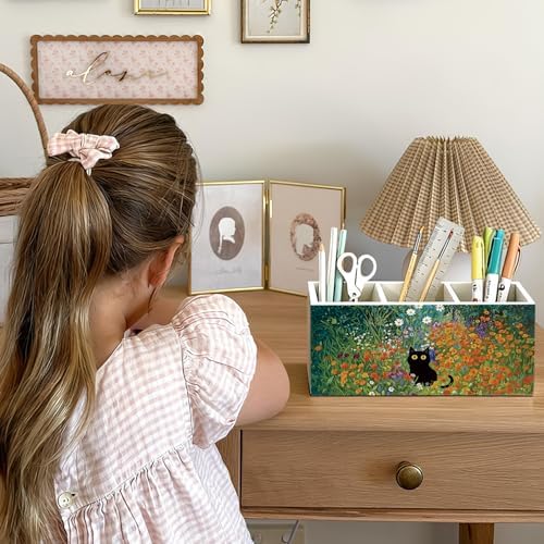 Black Cat Pen Pencil Holder for Desk, Black Cat Mom Lady Lovers Gifts for Women, Pet Lover Gifts, Cottagecore Wildflower Kitten Wooden Box Sign Decorations for Home Office Desk Tabletop - Image 4
