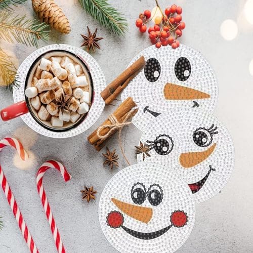 8 Pcs Christmas Snowman Face Diamond Coasters Kits Christmas Snowman Face DIY Coasters with Holder Holiday Xmas Holiday Diamond Coasters for Beginner Adult Winter - Image 4