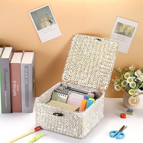 Hipiwe Handwoven Seagrass Basket with Lid Square Wicker Basket Storage Bin - Image 2