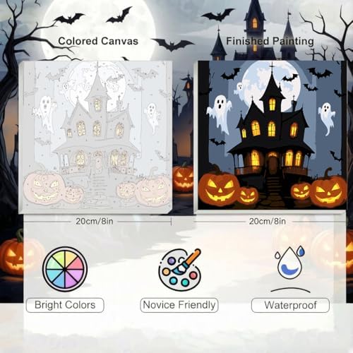 LWZAYS 6 Pack Halloween Paint by Numbers Kit for Adults with Frame, Easy Horror Paint by Number for Adults Beginner with Wooden Easel, DIY Painting by Numbers Canvas Framed for Home Decor 8 x 8 Inch - Image 4
