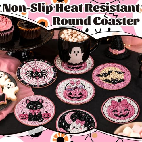 8 Pcs Halloween Diamond Art Coasters Cute Pink Gothic Cat Diamond Art Painting Coasters with Holder DIY Crafts Kits for Halloween Party Decor Gift - Image 6