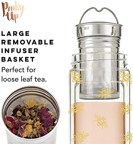 Pinky Up Blair Tea Infuser Mug with Strainer and Lid, Double Walled Glass Tumbler for Home Office, Travel, Picnic, Camping, 16 oz, Set of 1, Arabesque Gold - Image 2