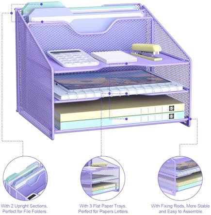 Samstar Purple Desk File Organizer, Mesh Letter File Folder Holder with 3 Paper Trays and 2 Vertical Upright Section, for Office Supplies, Desk Accessories & Workspace, Purple - Image 5