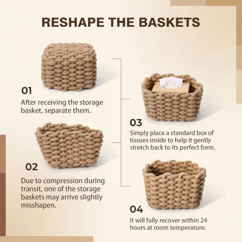 Tiny Basket 2 Pack Handwoven Cotton Rope Storage Bins, Small Baskets for Gifts, White & Light Brown, 7.7x5.1x6.1 Inch, Minimalist Boho Decor for Vanity Desk Bathroom Bedroom Organizer - Image 4
